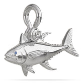 Sterling Silver Bluefin Tuna Pendant High Polished Mirror Finish With Blue Sapphire Eye with A Mariner Shackle Bail Custom Designed By Nautical Treasure Jewelry In The Florida Keys Islamorada
